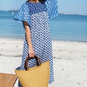 Emerson Fry  Basalie Midi Dress - Patchwork Blues Organic Cotton Sz: Small NWOT